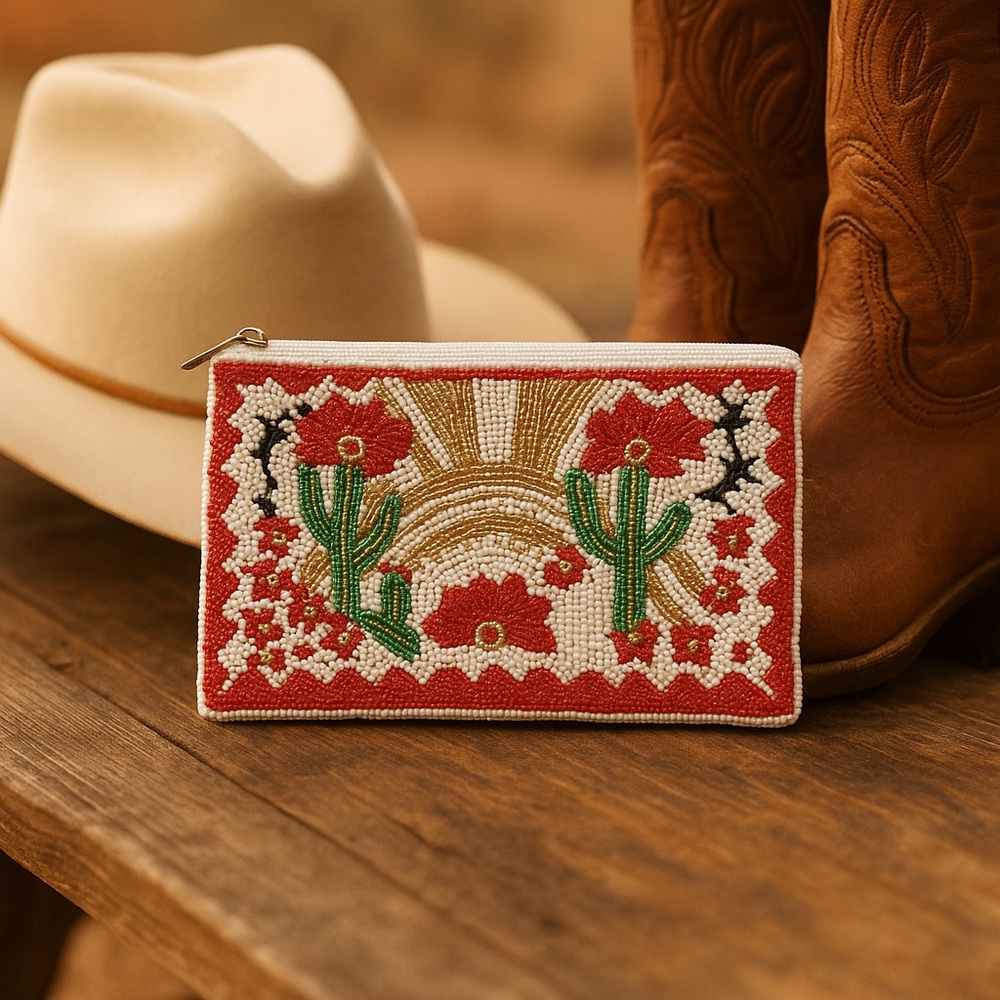 Desert Sunset Beaded Bag-Handmade Cactus Clutch-Western Cowgirl Purse-Saguaro